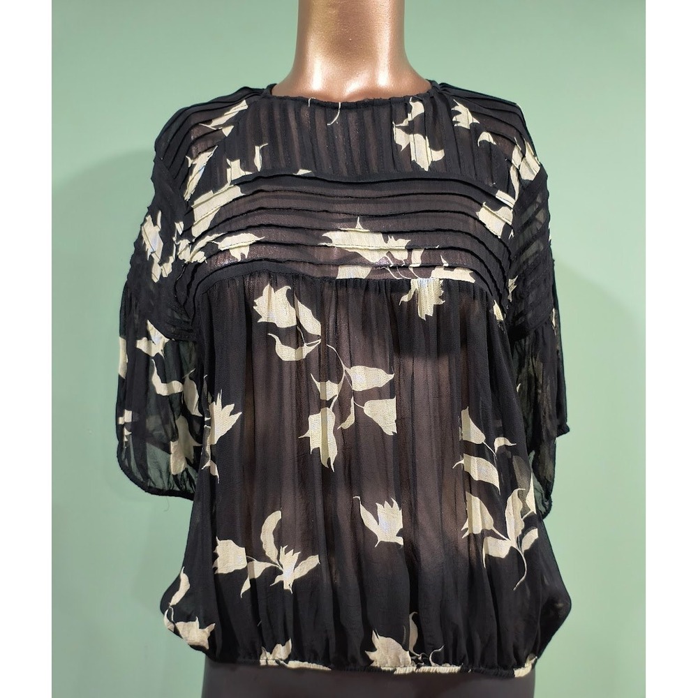Sweet Sinammon Black Floral Pintuck Pleated‎ Sheer Viscose Blouse Large